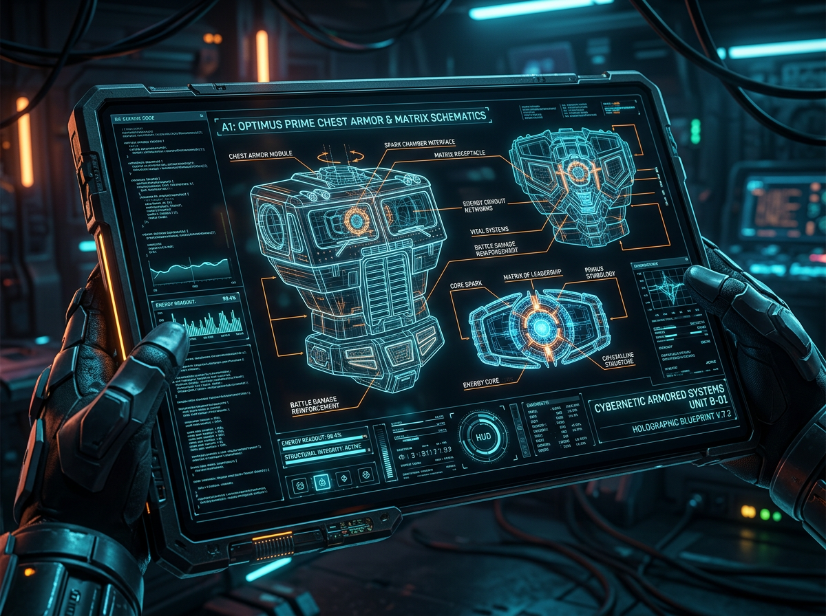 Holographic blueprint schematic mockup of Optimus Prime on a glass tablet interface