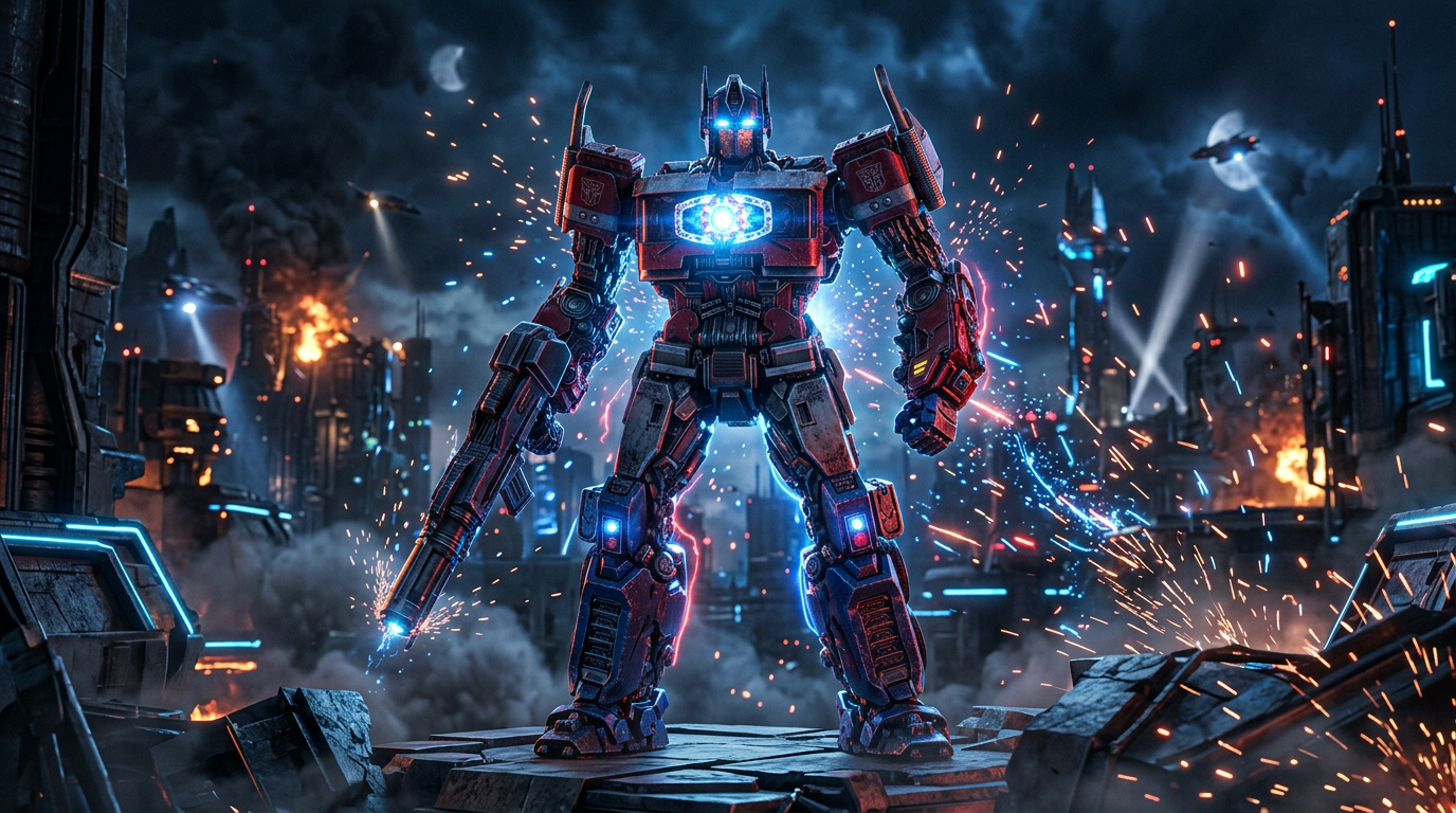 Cinematic 4K render of Optimus Prime, heroic pose with glowing blue eyes and red-blue highlights